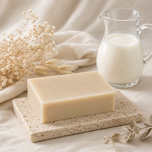 pain de savon sans étiquette au lait d'ânesse et pichet de lait frais à côté